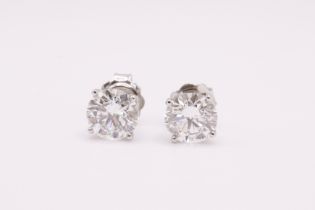 ** ON SALE ** Round Brilliant Cut 3.00 Carat Diamond Platinum Earrings - E Colour VVS2 Clarity- IGI