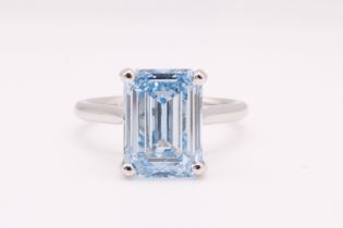 Emerald Cut Diamond Fancy Blue VS2 Clarity 5.42 Carat EX EX Platinum Ring - LG576360500 - IGI