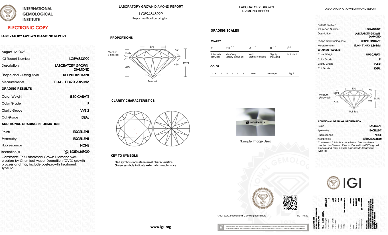 Round Brilliant Cut Diamond F Colour VVS2 Clarity 5.50 Carat ID EX Platinum Ring - LG594343929 - IGI - Image 8 of 8