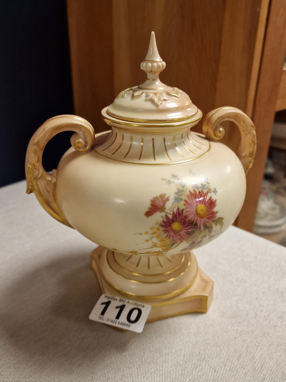 Early 1900's Royal Worcester Lidded Floral Blush Vase - Puce 2296 mark to base - 19cm high