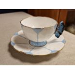 Aynsley Blue Butterfly Harlequin Tea Cup & Saucer Set - Very Good Condition