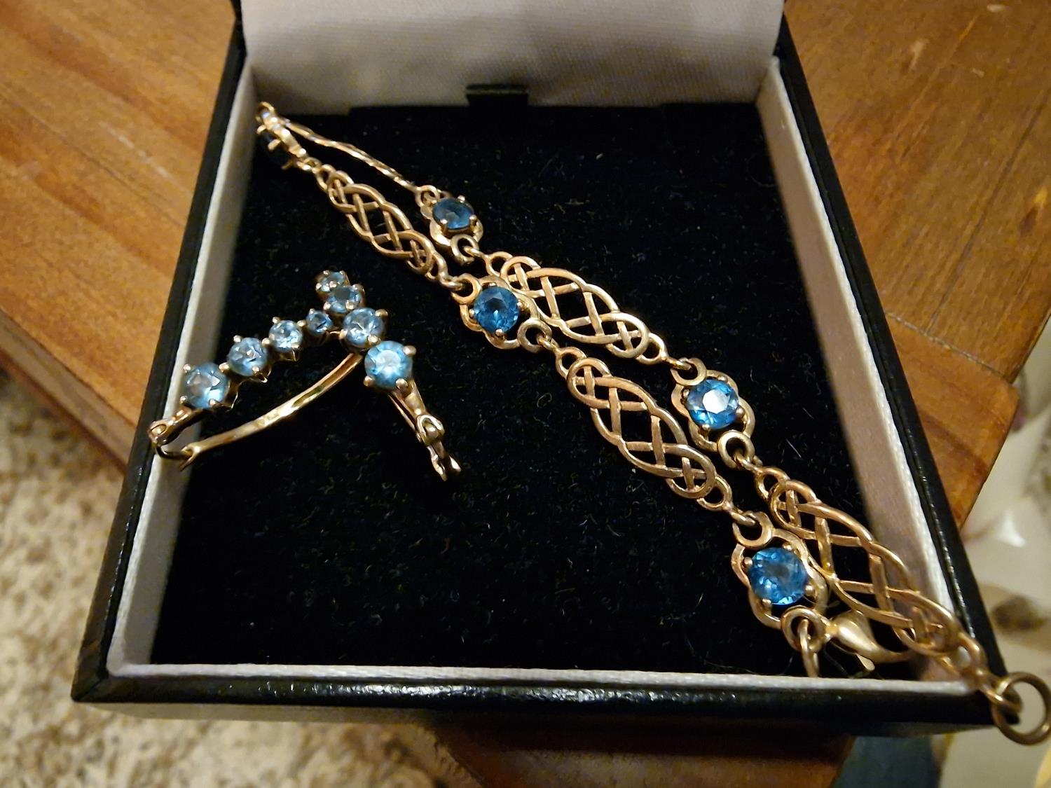 9ct Gold & Blue Stone Bracelet and Hoop Earrings Set - likely Sapphire or Tanzanite - 8.1g