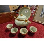 6pc Chinese Green Crackle Glaze Tea Set w/character marks to base