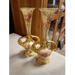 Pair of Late Victorian Royal Worcester Twin Handled Gilded Floral Vases - Puce marked 1749 to bases