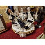 Very Large Royal Dux Porcelain Rococo Cobalt Blue Classical Afternoon Tea Scene Figure - 33 highx36c