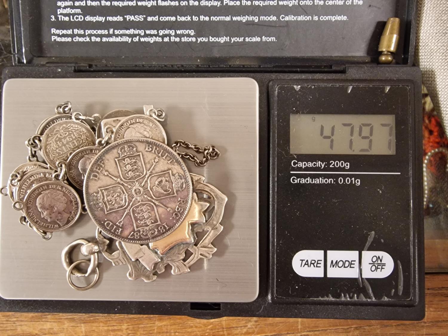 Silver 1887 Victorian Florin Brooch, Silver and Gold Pocketwatch Fob + Silver 10c American Coin Brac - Image 2 of 2