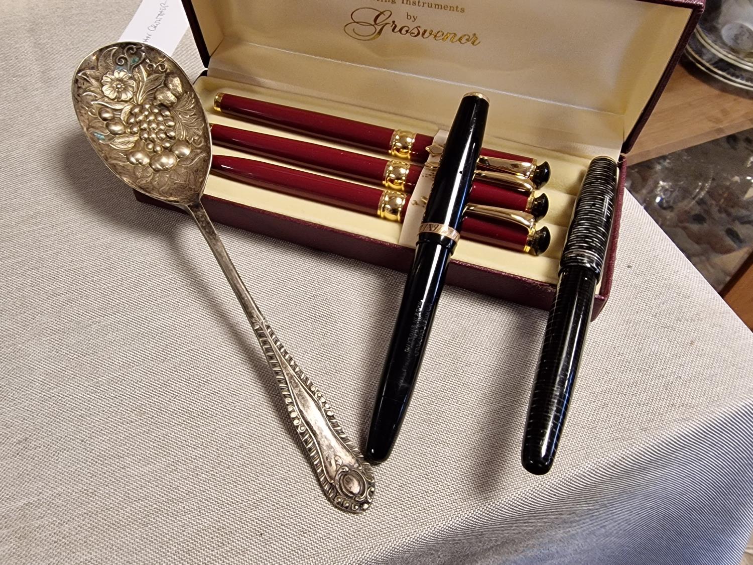 Collection of Parker Gold Nib Fountain Pens + Grosvenor Set & an Antique Spoon