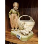 Royal Dux Porcelain Boy with Hens & Basket Figure