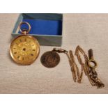 14ct Gold Continental Pocketwatch (25.3g) + a Part Brass/Metallic Fob Chain (possibly gold)