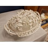 Antique Early Irish Belleek Porcelain Open Weave Lidded Basket w/Rose detail