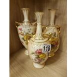 Trio of Turn-of-the-Century Royal Worcester Blush Floral Urn Vases - 21cm high - marked 1913,1920 an