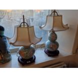 Pair of Chinese 19th Century Familie Verte Lamps inc Original Shades - both bodies show damage