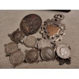 Silver 1887 Victorian Florin Brooch, Silver and Gold Pocketwatch Fob + Silver 10c American Coin Brac