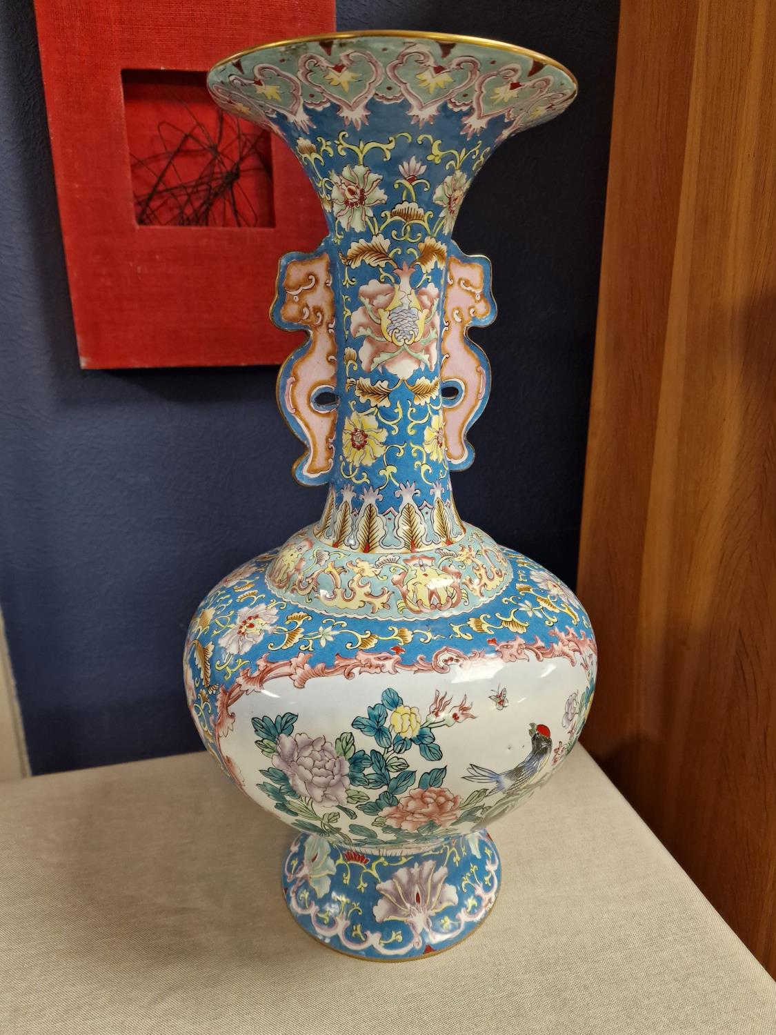 Chinese Early 20th Century Floral/Avian Canton Vase - enamel on copper - 45cm high