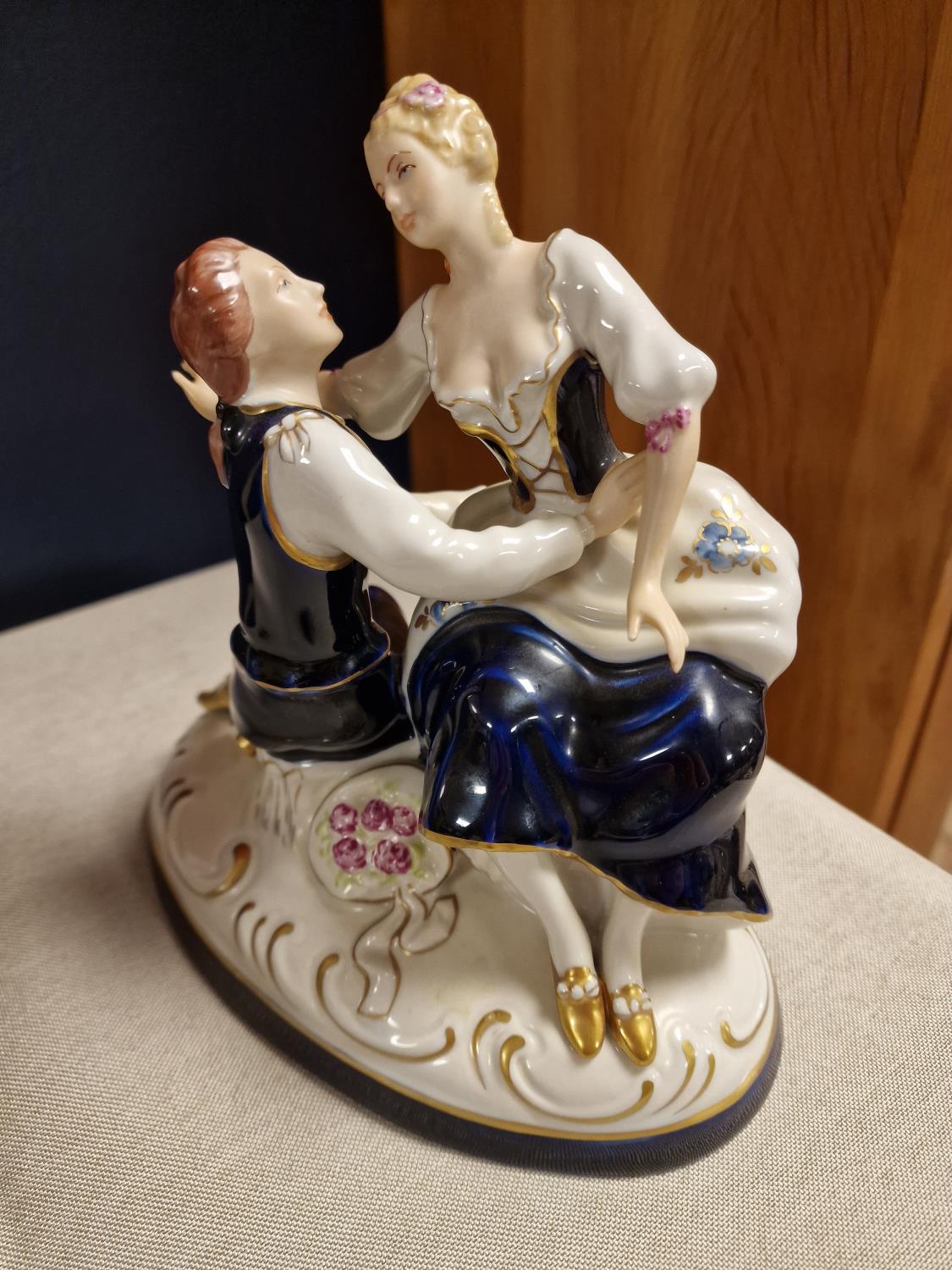 Royal Dux Porcelain Rococo Cobalt Blue Classical Scene Figure - 18cm high