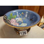 Chinese Blue Floral Cloisonne Bowl & Stand