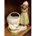 Royal Dux Porcelain Girl with Hens & Basket Figure