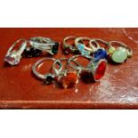 Collection of Ten Coloured Stoned/Glass 925 Silver Rings - 33g total