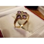 9ct Gold, Ameythst & Diamond Flower Cluster Ring, size M