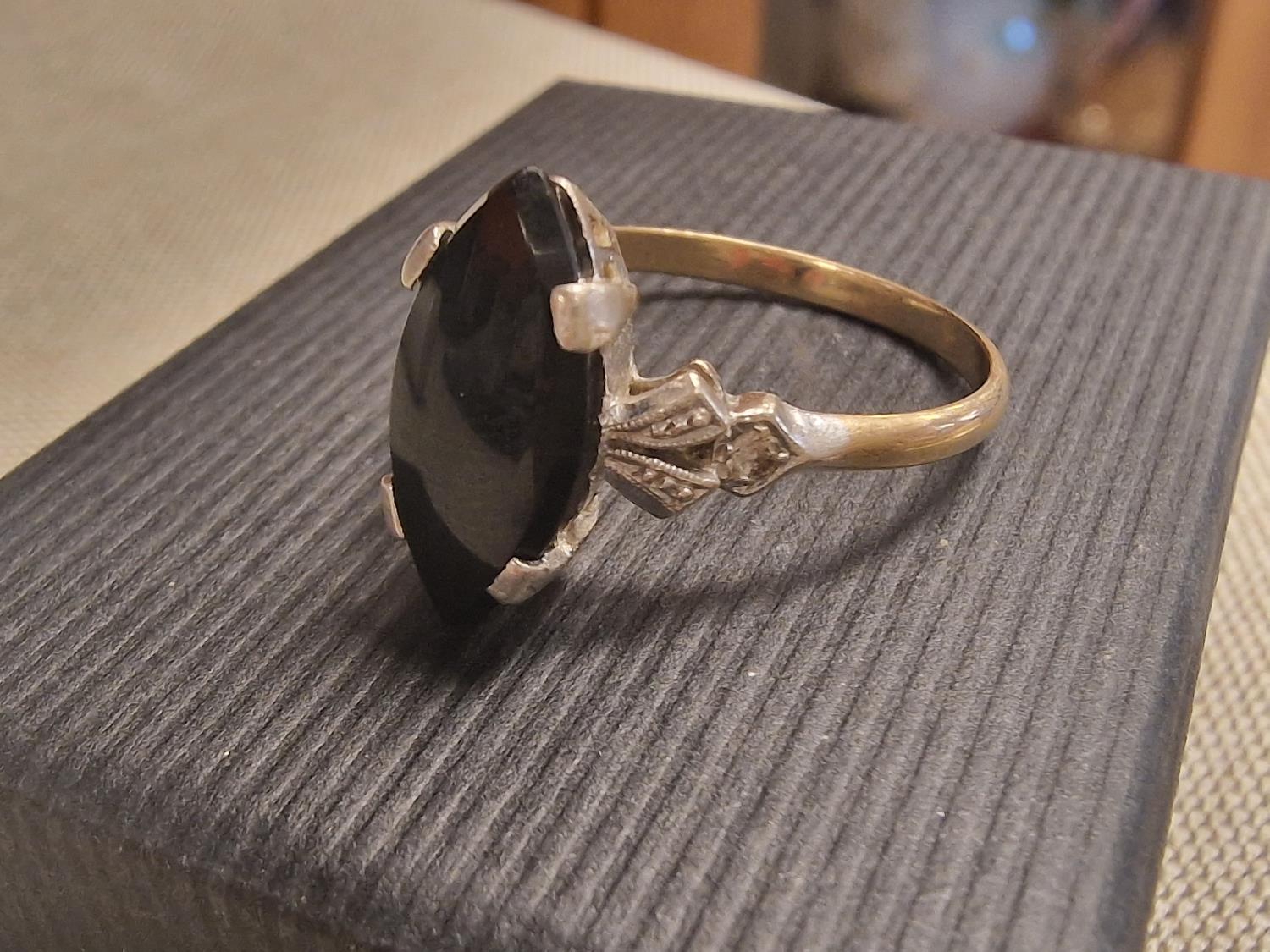 Vintage 9ct Gold, Whitby Jet & Diamond Dress Ring, size Q