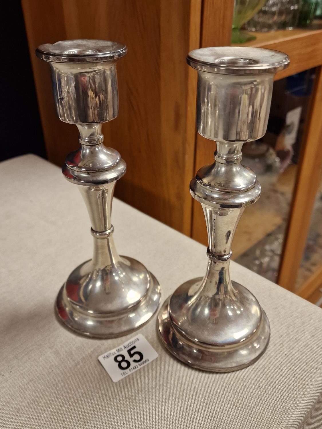 Pair of 1909 Hallmarked Chester Silver Candlesticks, 730g total, approx. 8" in height