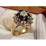 9ct Gold Sapphire & Diamond Cluster Ring, size Q, 4.33g