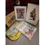 Reproduction Enamel Vincent Motorcycle sign + Valentino Rossi signed framed photos and associated TT