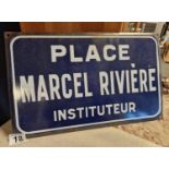Original Enamel French Street Advertising Sign "Place Marcel Riviere" dimensions L16" x H10"