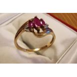 Three Stone Ruby, Diamond & 9ct Gold Serpentine Dress Ring, size S
