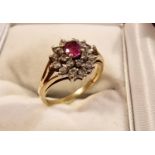 9ct Gold Classic Style Ruby and Diamond Cluster Ring, size O