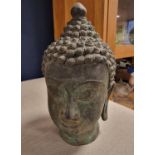 Ornate Hollow Metallic Buddha Head - Height 9"