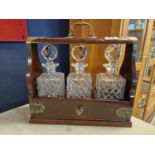 3-Decanter Tantalus with single drawer + key in oak with brass embellishments dimensions L14" x W6"