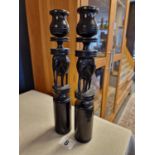 Pair of North African Ebonised Wood Elephant Candlesticks - H 31.2cm