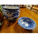 Antique Royal Doulton Oyama Blue & White Planter + a Copeland Spode Bowl (A/F)