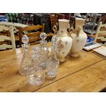 Pair of Crown Devon Blush Vases (one A/F) + a Quartet of Crystal Decanters