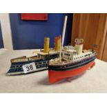 1930s Fleischmann Tinplate Clockwork Single Funnel Ocean Liner, in good working order - L 21cm, + a