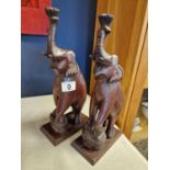 Pair of Standing Carved Wooden Elephant Figures - H 33cm