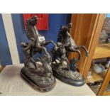 Pair of Metallic Horse Scene Figures with Bases - one with 'Coustou' signature, H 45cm