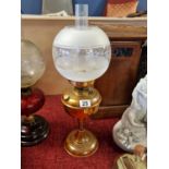 Duplex Copper Oil Lamp with Frosted and Decorated Glass Shade - H 58cm