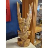 Tall Carved Indian or Indonesian Wooden Deity Bust with Head Dress and part-Gilt Decoration - H 67.5