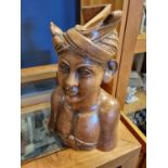 Indonesian Carved Wooden Bust with Head-Dress and Dagger to Back - H approx 27cm