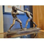 1930s Figural Bronze Pair of Boxers on Cast Iron Base - registration mark 837457, base 46cm x 11.5