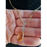 9ct Gold, Diamond & Large Citrine Stone Necklace Chain - 8.6g