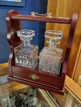 Mid-Century 2 Decanter Locking Tantalus with Key and Brass Fittings - L27cm, W14.5cm, H32cm