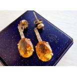 Pair of 9ct Gold, Diamond and Large Citrine Stone Gold Earrings - 7.5g