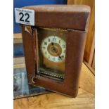 Antique French Carriage Clock with Leather and Velvet Case with Key - marked '358 15/3/15' inside do