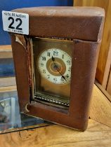 Antique French Carriage Clock with Leather and Velvet Case with Key - marked '358 15/3/15' inside do