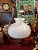 Hanging Brass Oil Lamp with Milk Glass Shade - shade diameter approx 32cm, H approx 57cm