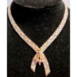 White, Yellow & Rose 9ct Gold Designer 1960's Cleopatra Necklace w/Ruby Stones Pendant, Birmingham H
