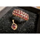 9ct Gold Double Row Garnet Ring (size S) + a 9ct Gold & Garnet Pendant